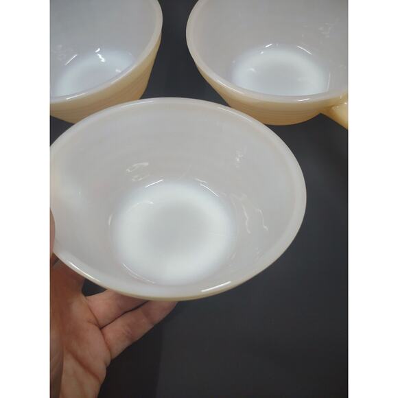 Vintage Fire King Bee Hive Handled Peach Luster Soup Bowl Oven Ware Set Of 3 - Picture 9 of 13